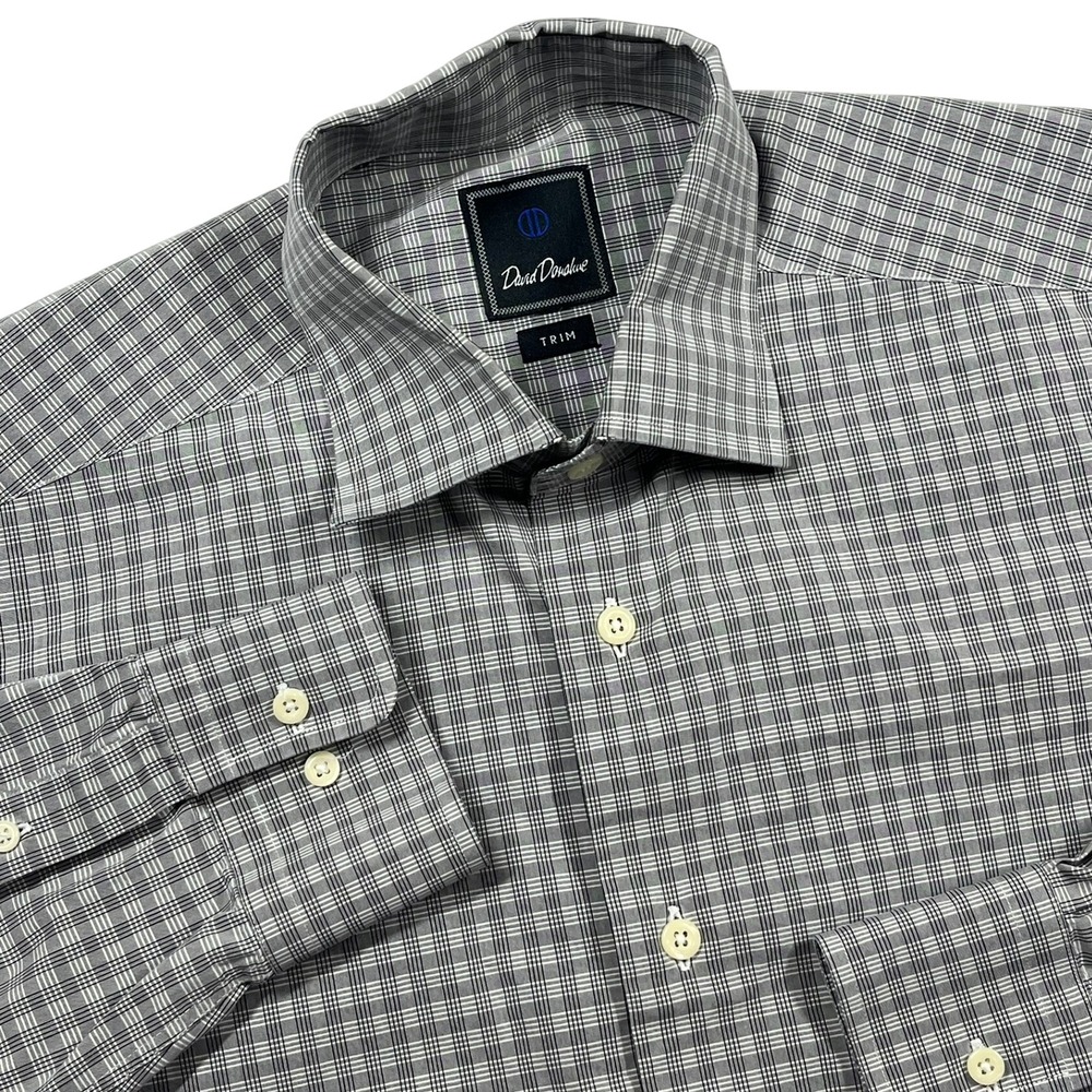 David Donahue Button Down Shirt Mens L Grey Plaid Trim Fit Long Sleeve Cotton